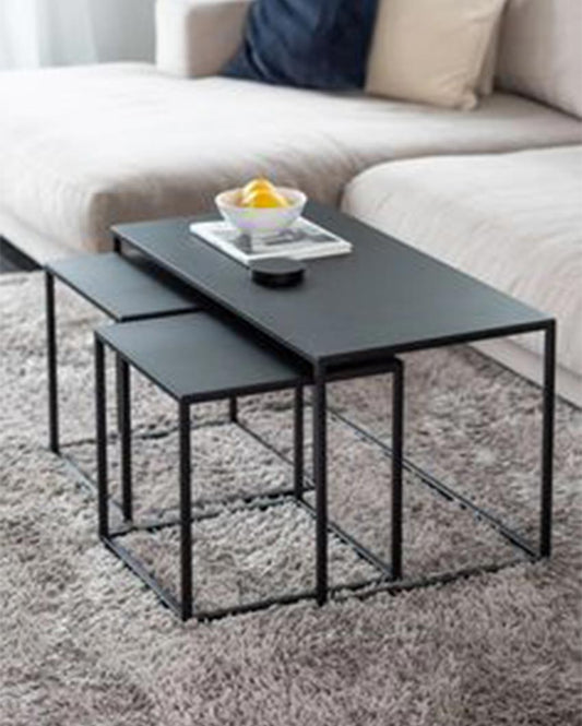 Modern Black Metal Coffee Table With Nesting Stools