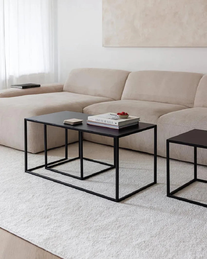 Modern Black Metal Coffee Table With Nesting Stools