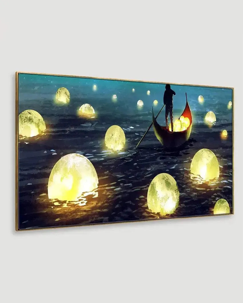 Man Rowing Boat & Collect Glowing Moons Wall Painting