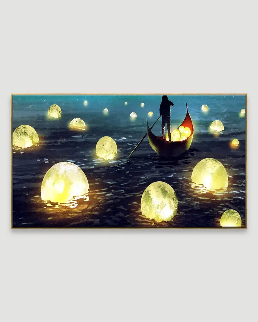 Man Rowing Boat & Collect Glowing Moons Wall Painting