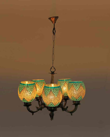 Chic Pendant Ceiling Five Glass Shade Chandelier Jhoomer | 19 x 19 x 17 inches