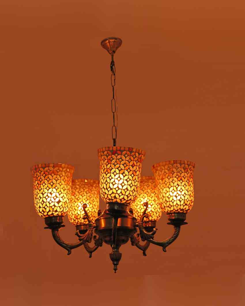 Luxurious Pendant Ceiling Five Glass Shade Chandelier Jhoomer | 19 x 19 x 17 inches