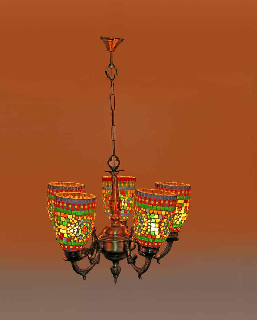 Rustic Pendant Ceiling Five Glass Shade Chandelier Jhoomer | 19 x 19 x 17 inches