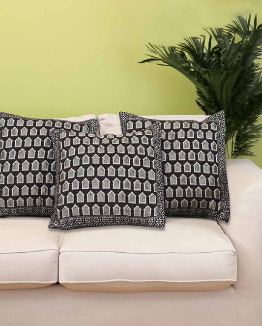 Brown Jacquard Print Decorative Velvet Cushion Cover | Set of 3 , Set of 5 | 16 x 16 Inches