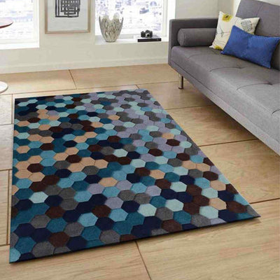 Modern Blue Geometrical Hand Tufted Wool Carpet