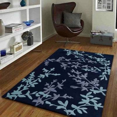 Beautiful Blue Bunches & Floral Hand Tufted Wool Carpet