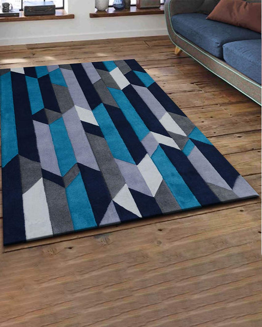 Elegant Geometric Blue Hand Tufted Wool Carpet