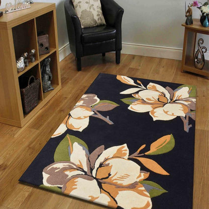 Floral Black Hand Tufted Wool Carpet