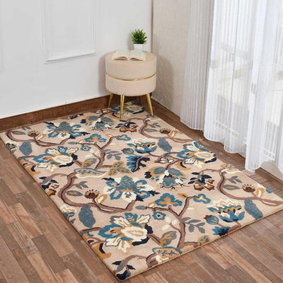 Beige Floral Hand Tufted Wool Carpet