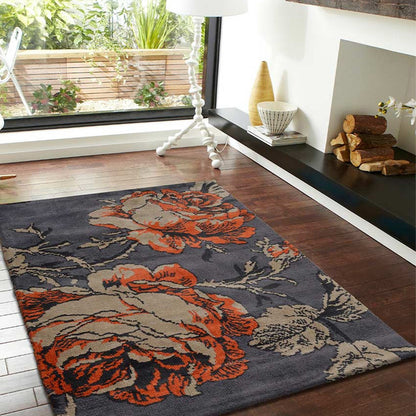 Floral Orange Polyester Carpet