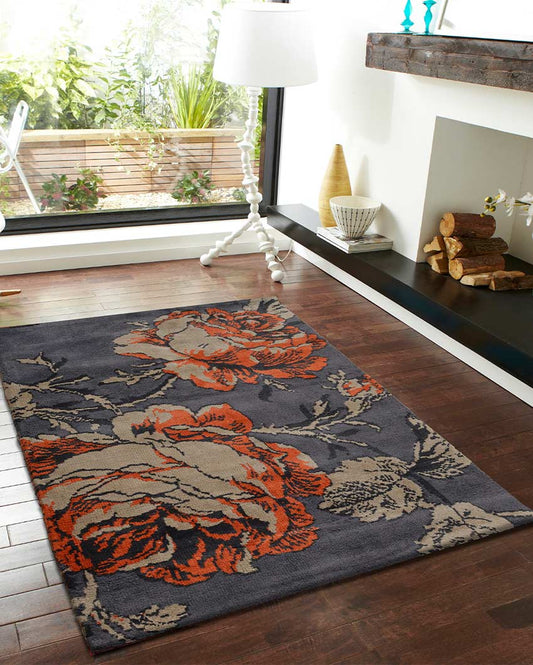 Floral Orange Polyester Carpet