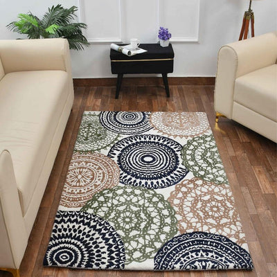 Green & White Geometric Polyester Carpet