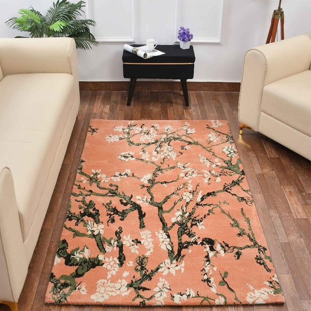 Peach & Green Floral Polyester Carpet