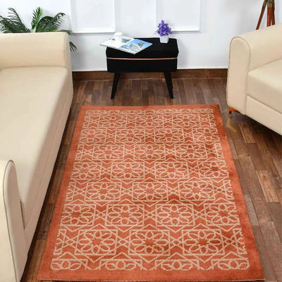 Orange & Beige Geometric Polyester Carpet