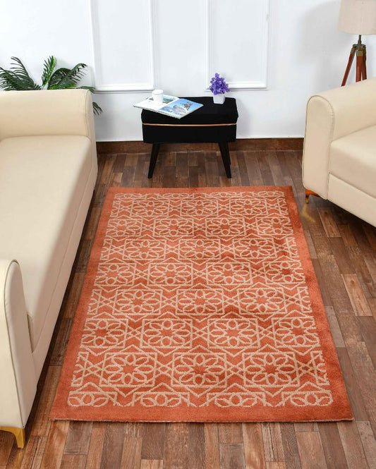 Orange & Beige Geometric Polyester Carpet