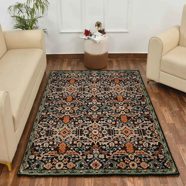 Distinctive Black & Gold Traditional Polyester Carpet