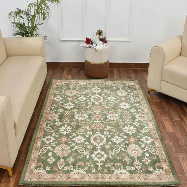 Green & Beige Traditional Polyester Carpet