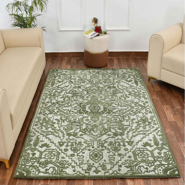 Green & White Traditional Polyester Carpet