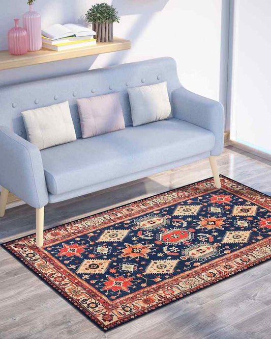 Vintage Pattern Washable Polyester Carpet | 6 X 4 Ft Blue