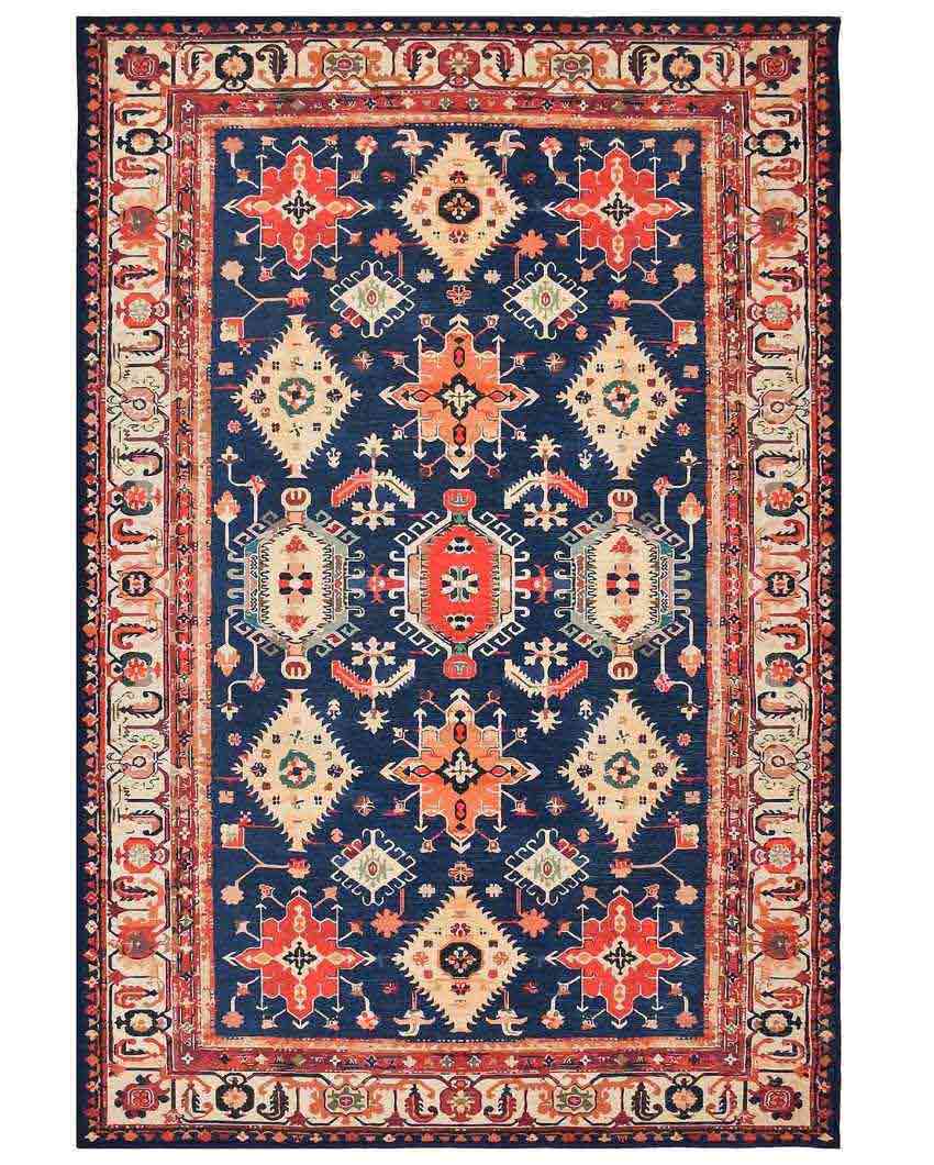 Vintage Pattern Washable Polyester Carpet | 6 X 4 Ft Blue