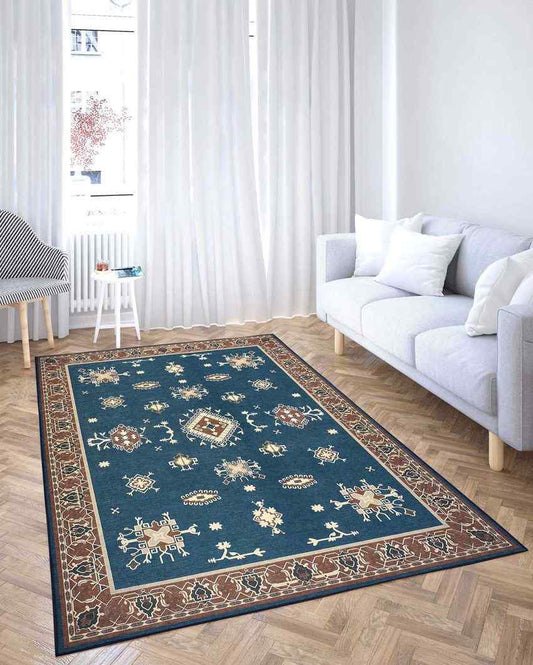 Traditional Art Pattern Washable Polyester Carpet | 6 X 4 Ft Blue