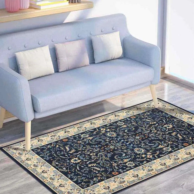 Traditional Floral Blue Bunches Washable Polyester Carpet | 6 x 4 Feet