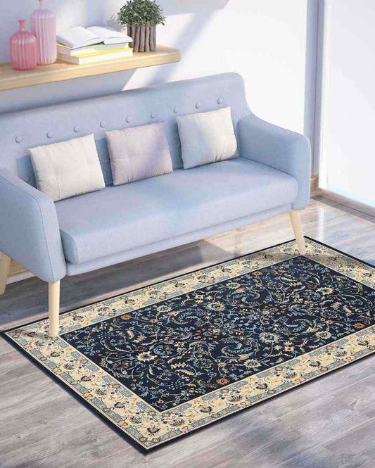 Traditional Floral Blue Bunches Washable Polyester Carpet | 6 X 4 Ft