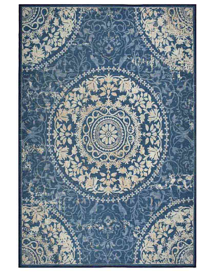 Timeless Blue Art Washable Polyester Carpet | 6 X 4 Ft