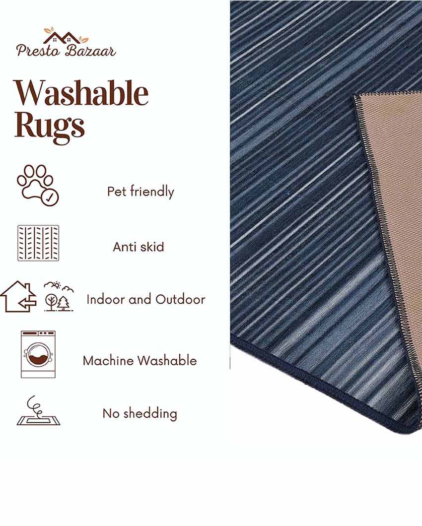 Blue Stripe Washable Polyester Carpet | 6 X 4 Ft
