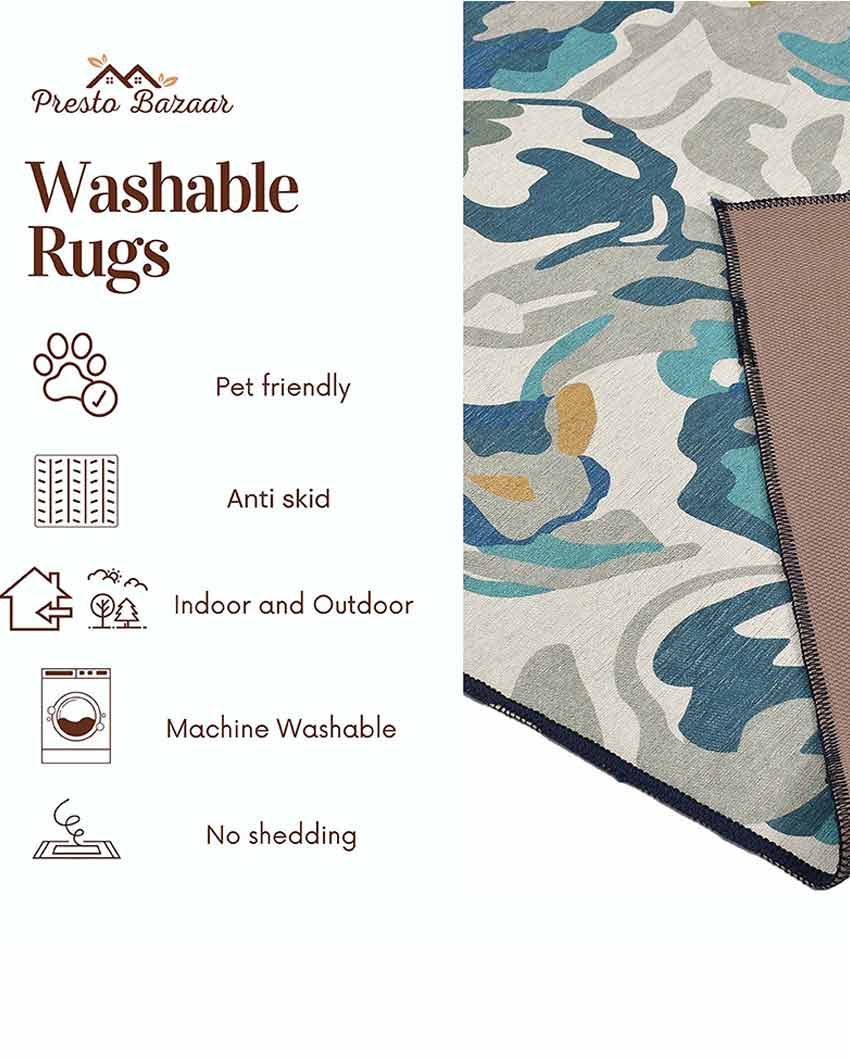 Little Floral Washable Polyester Carpet | 6 X 4 Ft Blue
