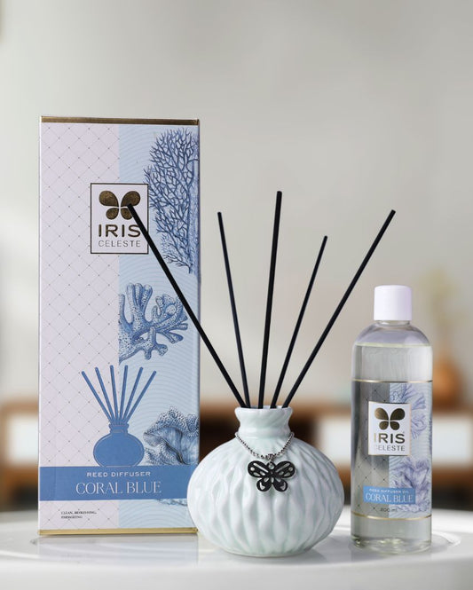 Celeste Coral Blue Reed Diffuser Eith 1N Ceramic Pot | 6N Reed Sticks | Diffuser Oil 200Ml