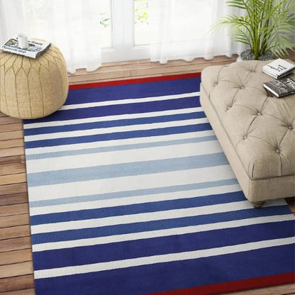 Striped Cotton Hand Woven Dhurrie Wool Rug Versatile Style  | Blue| 4 x 6 Feet