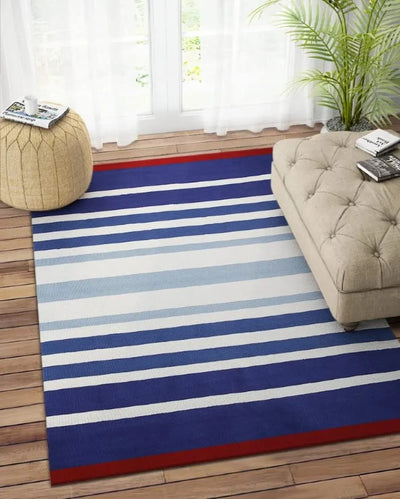 Striped Cotton Hand Woven Dhurrie Wool Rug Versatile Style  | Blue| 4 x 6 Feet