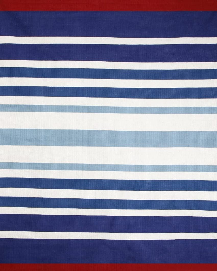 Striped Cotton Hand Woven Dhurrie Wool Rug Versatile Style  | Blue| 4 x 6 Feet