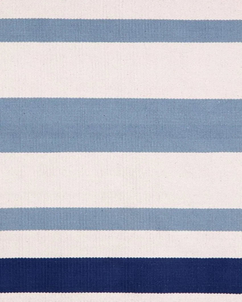 Striped Cotton Hand Woven Dhurrie Wool Rug Versatile Style  | Blue| 4 x 6 Feet