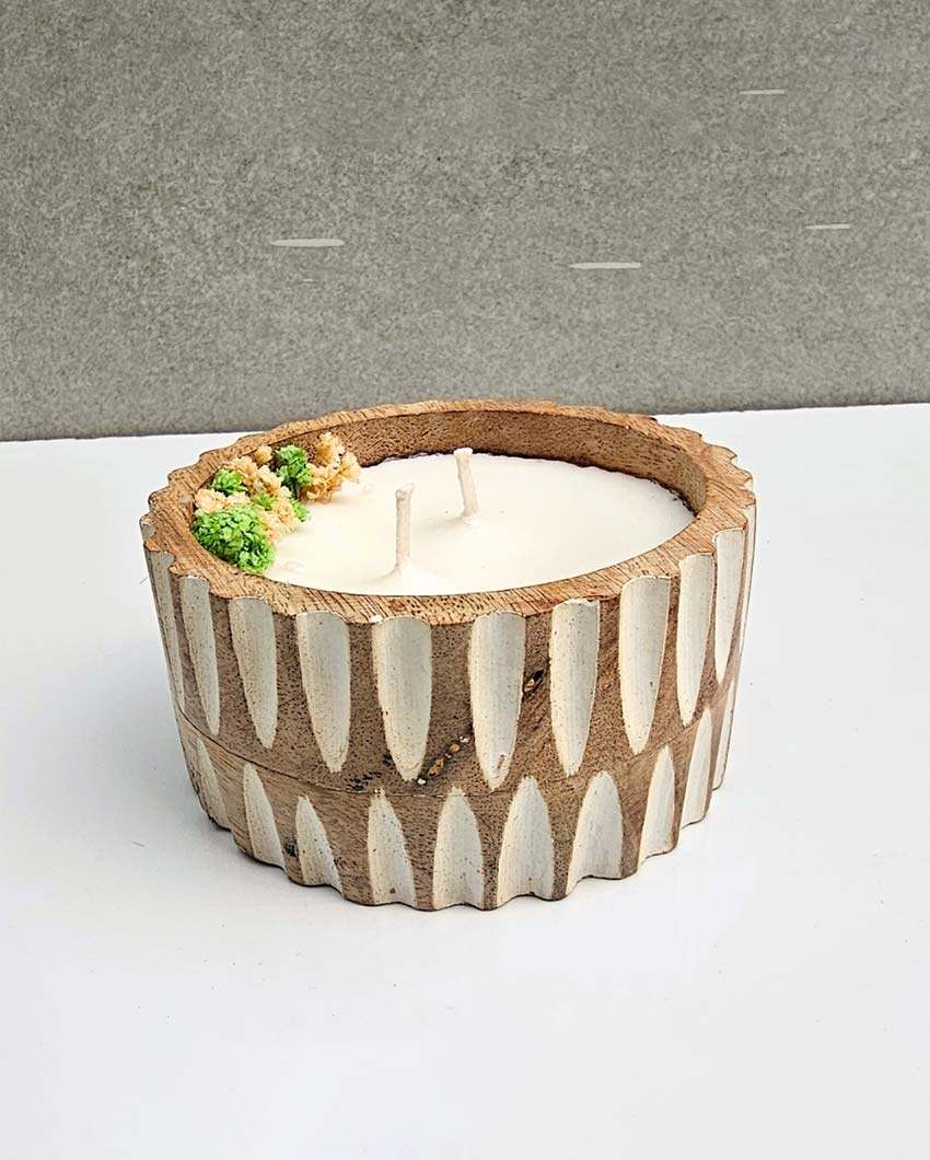 Enchanting Aroma Handmade Whitewash Wooden Bowl Soy Wax Candle | 4 x 2 inches