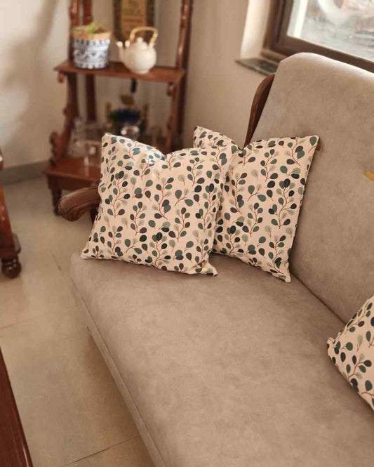 Graceful Beige BG Floral Buds Poly Canvas Cushion Covers | Set Of 5 | 16 x 16 inches
