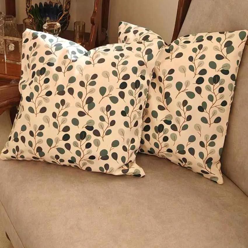 Graceful Beige BG Floral Buds Poly Canvas Cushion Covers | Set Of 5 | 16 x 16 inches