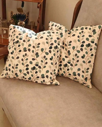 Graceful Beige BG Floral Buds Poly Canvas Cushion Covers | Set Of 5 | 16 x 16 inches