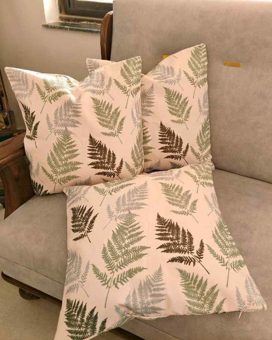 Contemporary Leaves Pattern Beige Bg Poly Canvas Cushion Covers | Set Of 5 | 16 x 16 inches