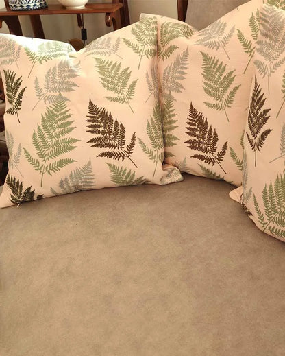 Contemporary Leaves Pattern Beige Bg Poly Canvas Cushion Covers | Set Of 5 | 16 x 16 inches