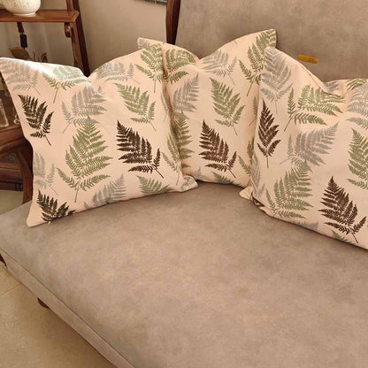 Contemporary Leaves Pattern Beige Bg Poly Canvas Cushion Covers | Set Of 5 | 16 x 16 inches