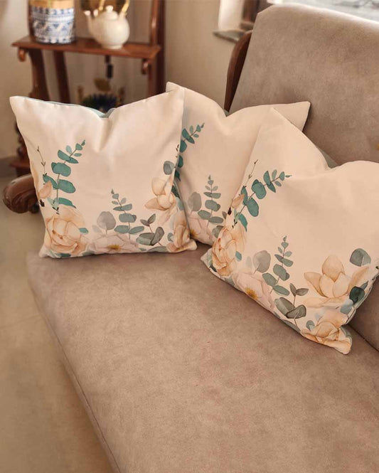 Graceful Rose Print Poly Canvas Cushion Covers | Set Of 5 | 16 x 16 inches
