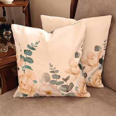 Graceful Rose Print Poly Canvas Cushion Covers | Set Of 5 | 16 x 16 inches