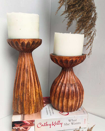 Radiant Wooden Candle Stands With Candles | Set of 2