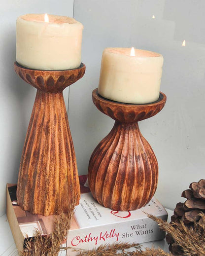 Radiant Wooden Candle Stands With Candles | Set of 2