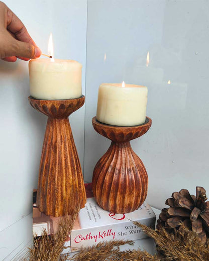 Radiant Wooden Candle Stands With Candles | Set of 2