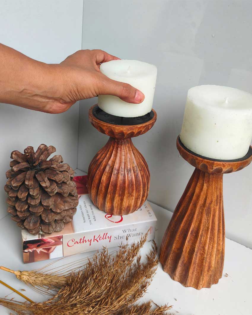 Radiant Wooden Candle Stands With Candles | Set of 2