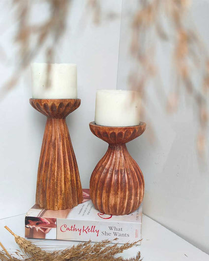 Radiant Wooden Candle Stands With Candles | Set of 2