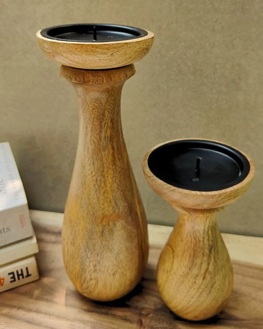 RaDiyant Twins Mango Wood Candle Stands With Candles